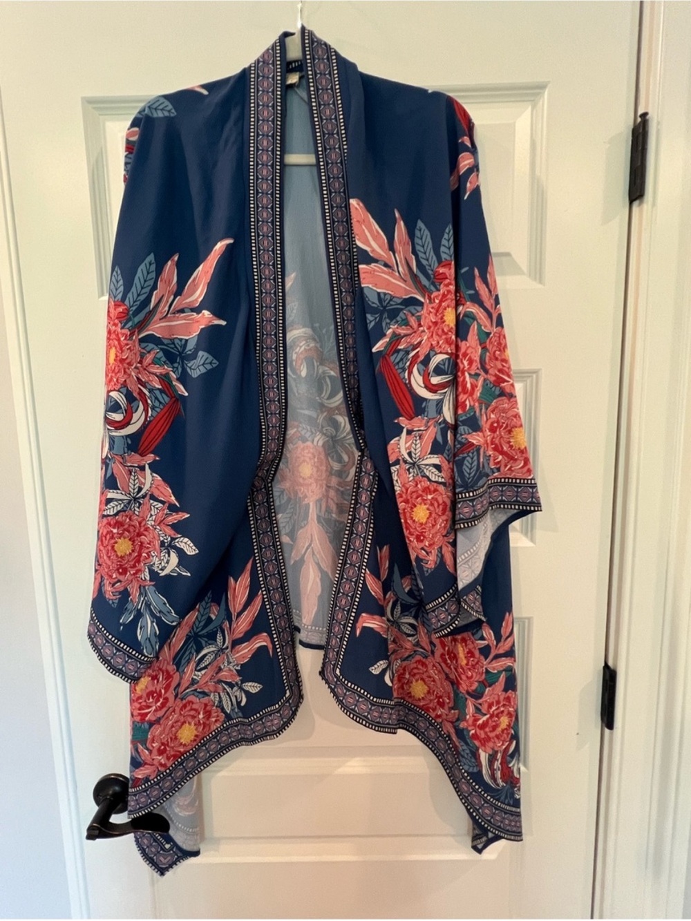 Flying Tomato Navy Floral Boho Kimono Duster Ruana Open Front S/M - Picture 5 of 9